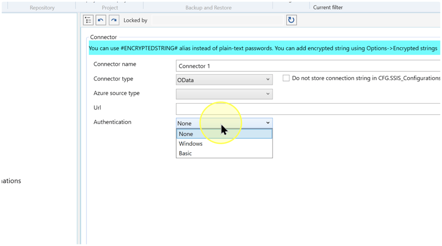 Authentication list showing None, Windows, and Basic, with None selected.