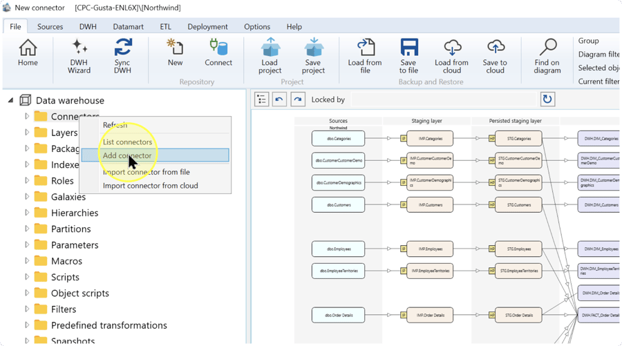 Connectors folder context menu with Add connector highlighted.