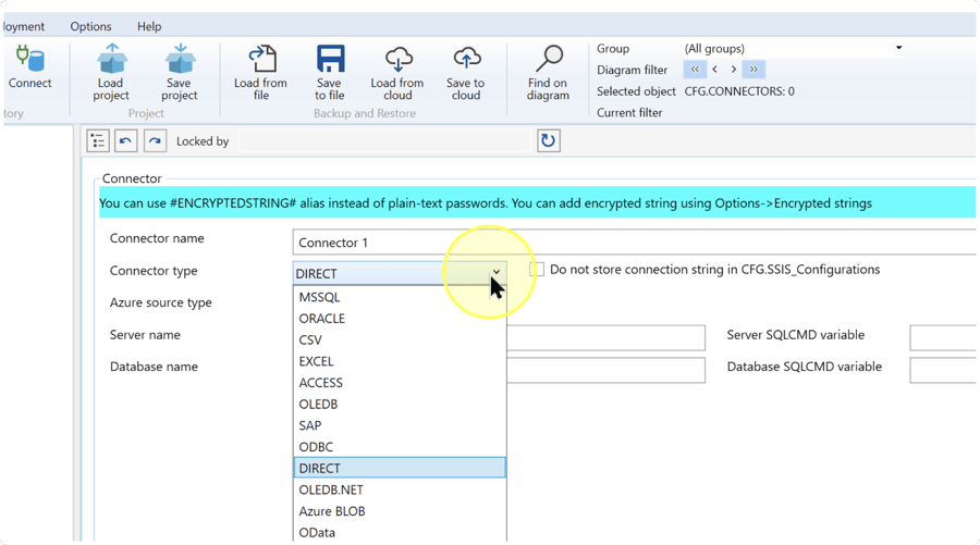 Connector editor showing the Connector name field and DIRECT highlighted in the Connector type list.