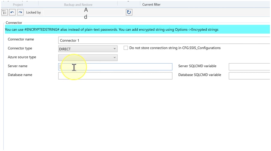 DIRECT Connector editor with blank Server name, Database name, Server SQLCMD variable, and Database SQLCMD variable fields.