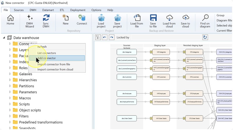 Connectors context menu with Add connector highlighted in the navigation tree.