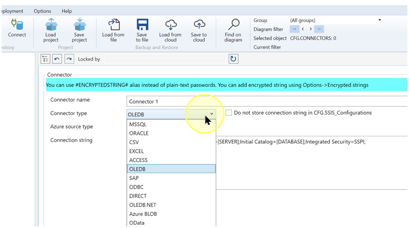 Connector editor with Connector name and the Connector type list open on OLEDB.