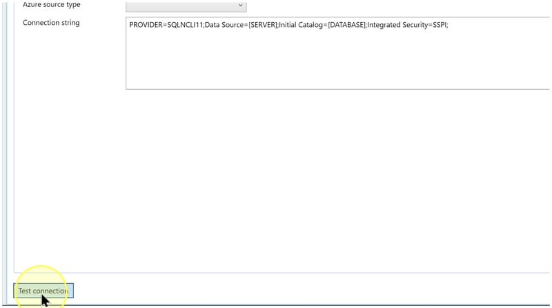 Test connection button highlighted below a Connection string that still contains placeholders.