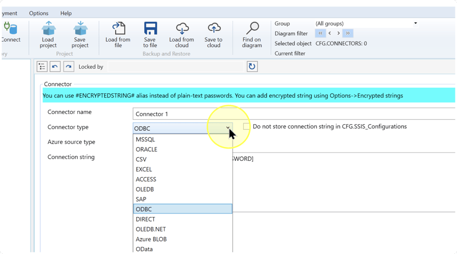 Connector editor showing the example name Connector 1 and ODBC selected in the Connector type list.