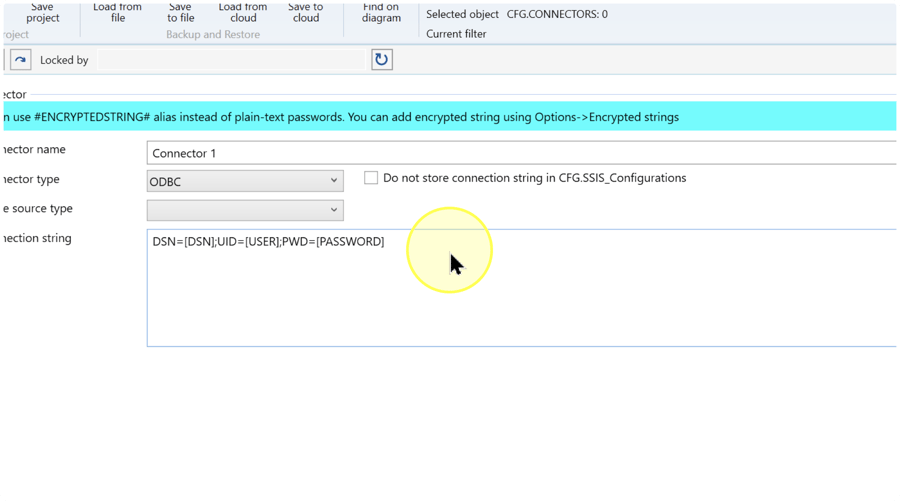 ODBC Connection string field containing DSN=[DSN];UID=[USER];PWD=[PASSWORD], with the encrypted-string banner above it.