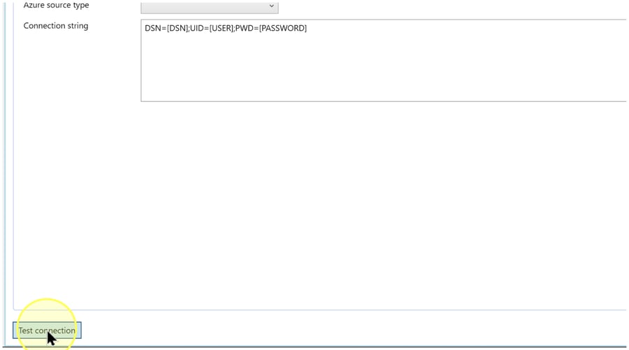 Test connection button at the bottom left of the editor; the connection string above still contains placeholders.