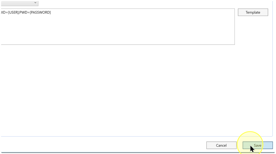 Save button at the bottom right of the Connector editor, with Template beside the Connection string field above.