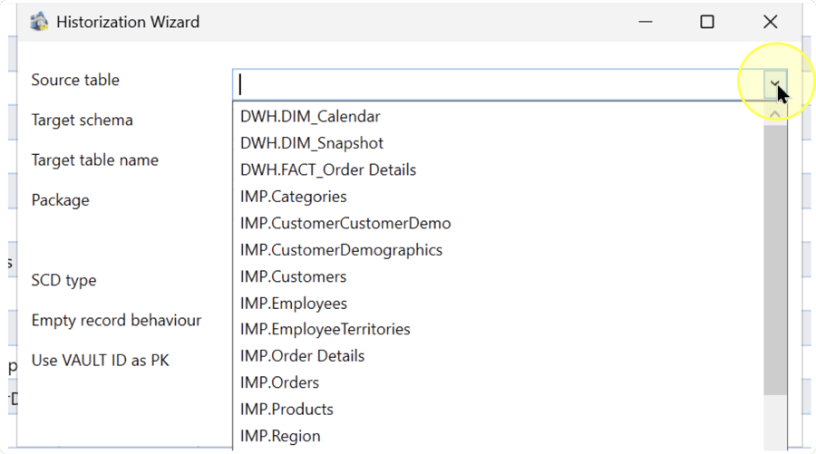 Historization Wizard with the Source table list expanded to show schema-qualified object names