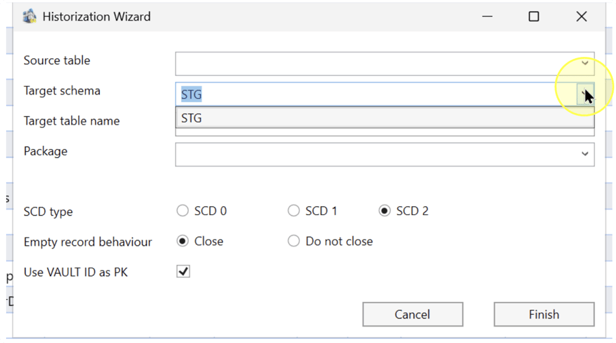 Target schema list expanded with the example schema STG