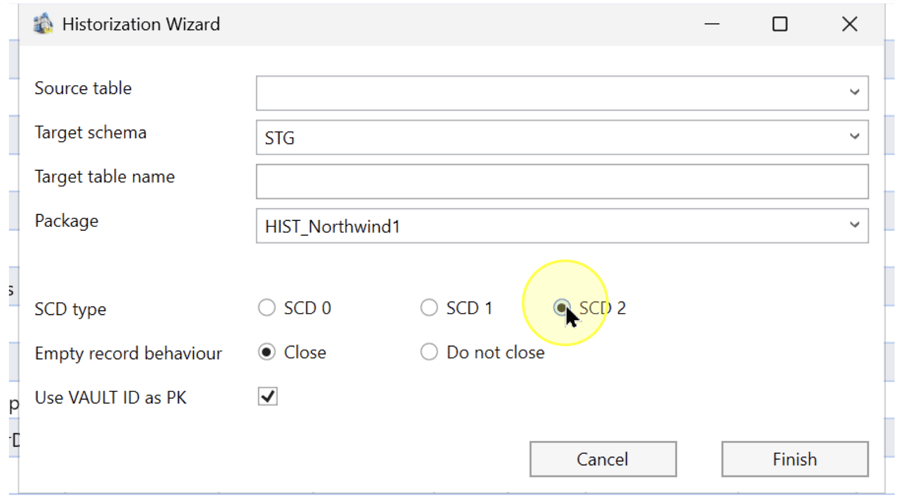 SCD type choices SCD 0, SCD 1, and SCD 2, with SCD 2 highlighted and selected