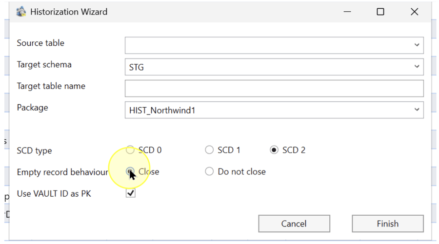 Empty record behaviour choices Close and Do not close, with Close highlighted and selected