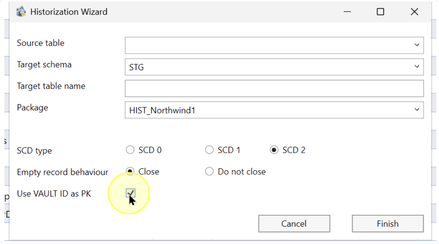 Use VAULT ID as PK checkbox highlighted and selected, with Finish visible and source and target name still blank