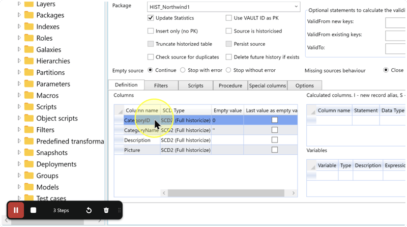 Definition tab showing SCD Type, Empty value, Last value as empty value, and the empty Calculated columns and Variables grids.