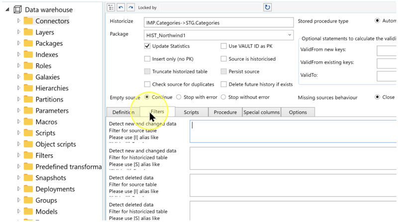 Filters tab showing separate source and historized-table filters for new and changed data and for deleted data.
