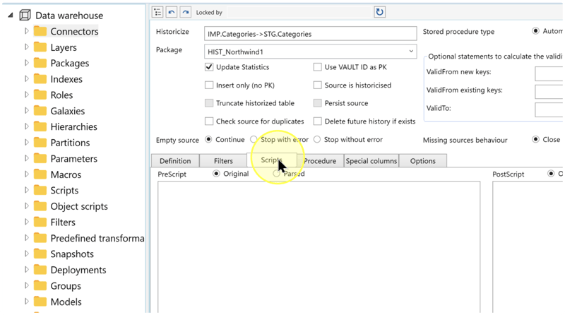 Scripts tab with Original selected for PreScript and the PostScript area to its right.