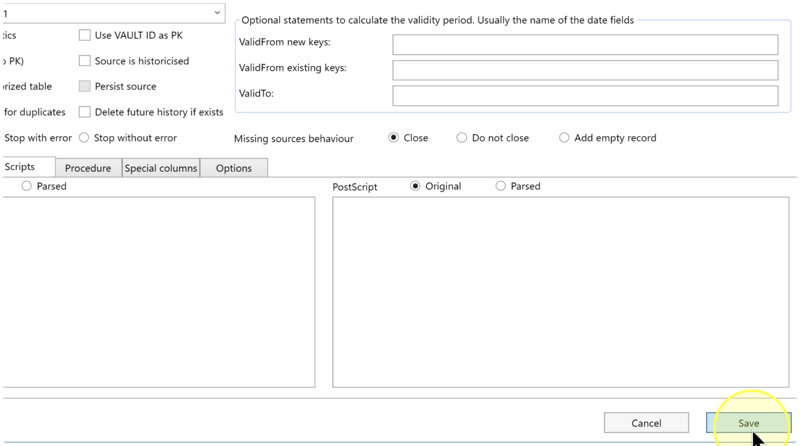 Save button highlighted below the Scripts tab, with Close, Do not close, and Add empty record visible above.