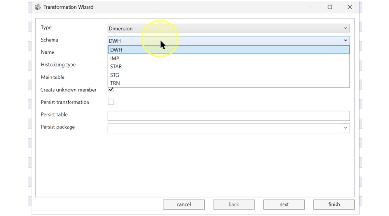 Transformation Wizard with Type set to Dimension and the Schema list open.