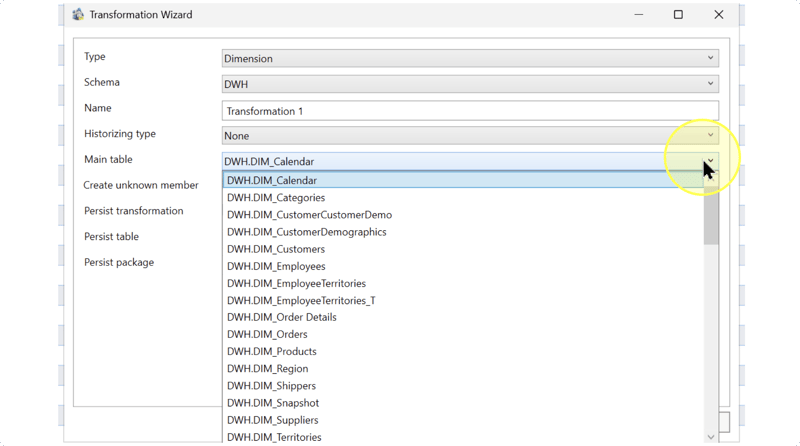 Name, Historizing type, and Main table settings with calendar example values.