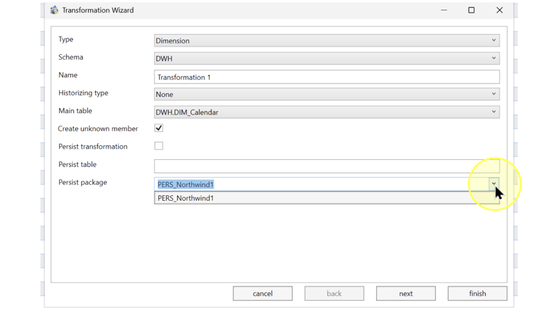 Persist package list showing PERS_Northwind1 while Persist transformation is cleared and Persist table is blank.