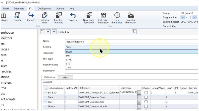 Transformation editor with Name and Schema settings.