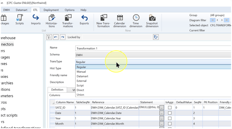 TransType selection showing Regular in the transformation editor.