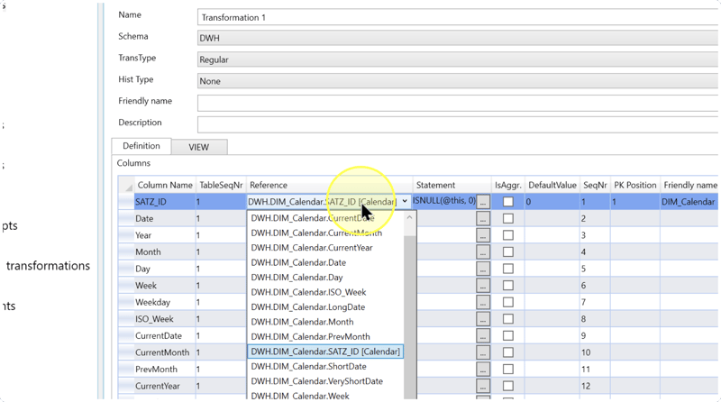 Columns grid with an open Reference list and the key-field Statement ISNULL(@this, 0).