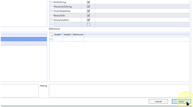 Save button highlighted in the transformation editor.