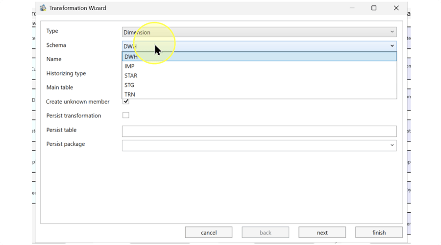 Select the intended schema. The screenshot shows DWH and other project-specific schema names.