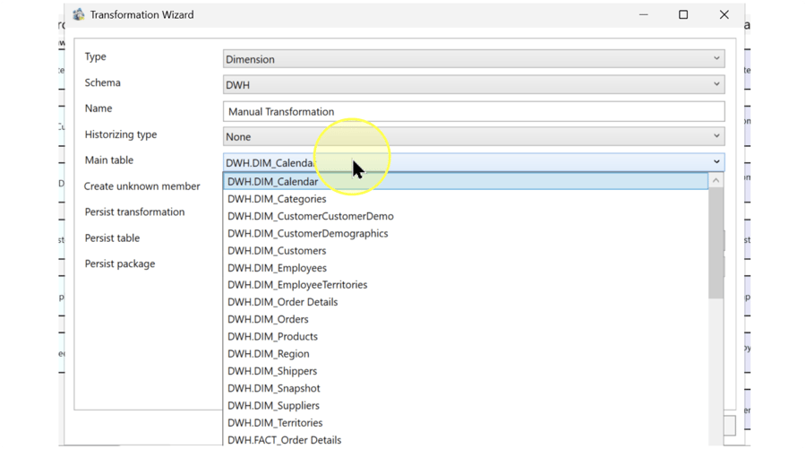 Select the main table; the screenshot uses DWH.DIM_Calendar.