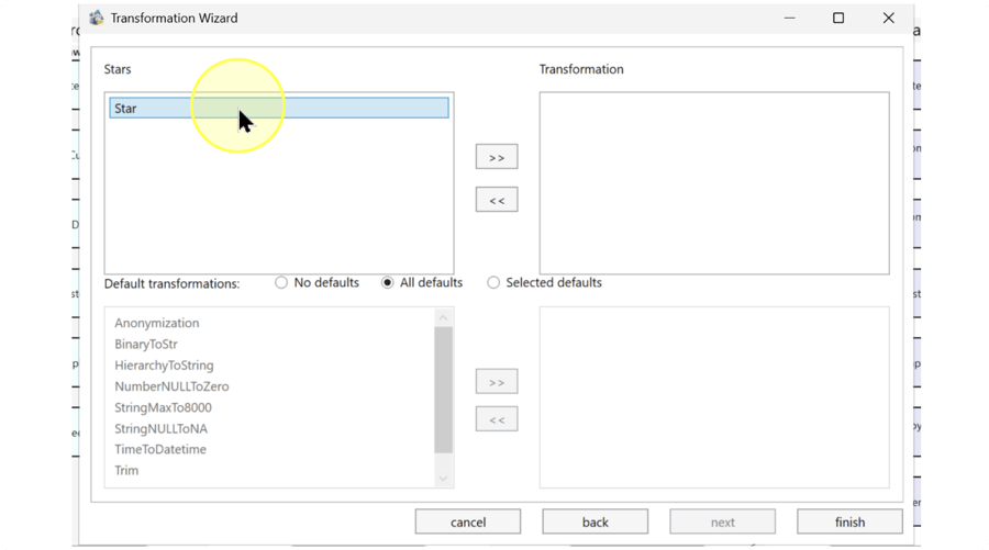 Stars and Default transformations. Select assignments and rules for your task; All defaults is only the captured choice.