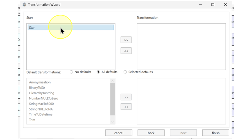 Stars and Default transformations page with separate arrow buttons for Star assignments and predefined-rule selection.