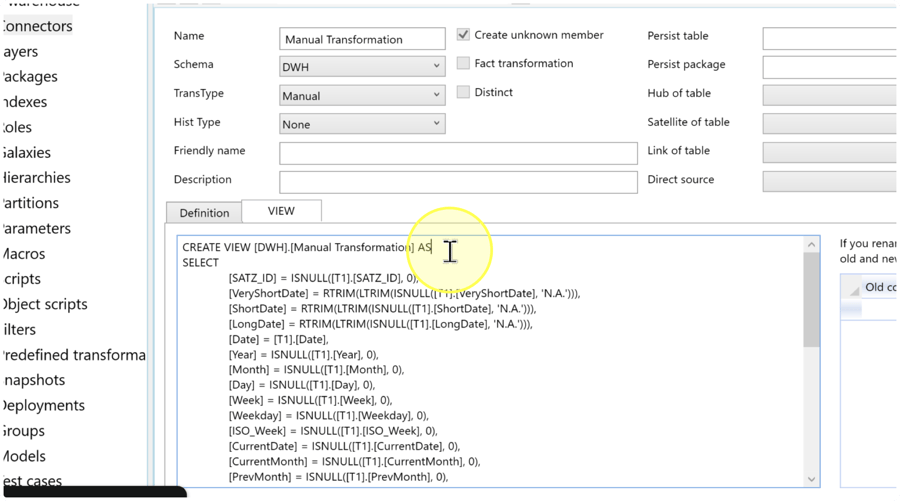 The active VIEW tab contains the SQL. The original screenshot shows a longer calendar query; the complete example above is intentionally simpler.