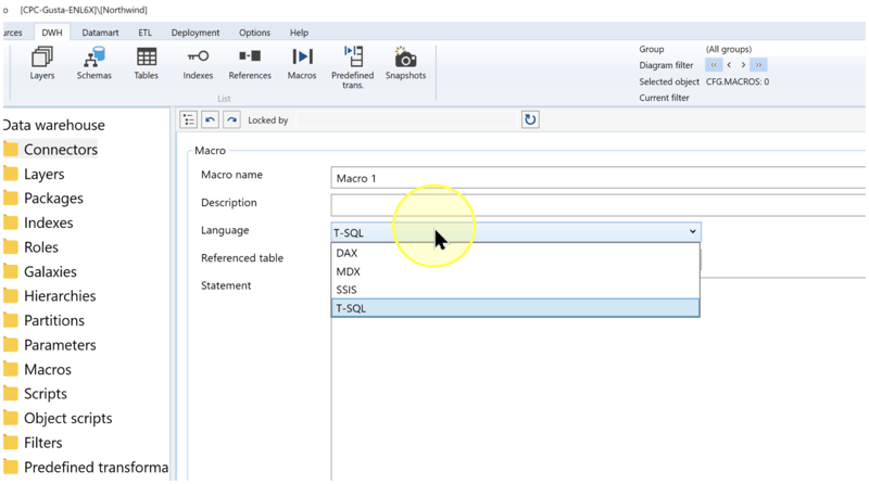 Macro editor with the Language list open and T-SQL highlighted below DAX, MDX, and SSIS.