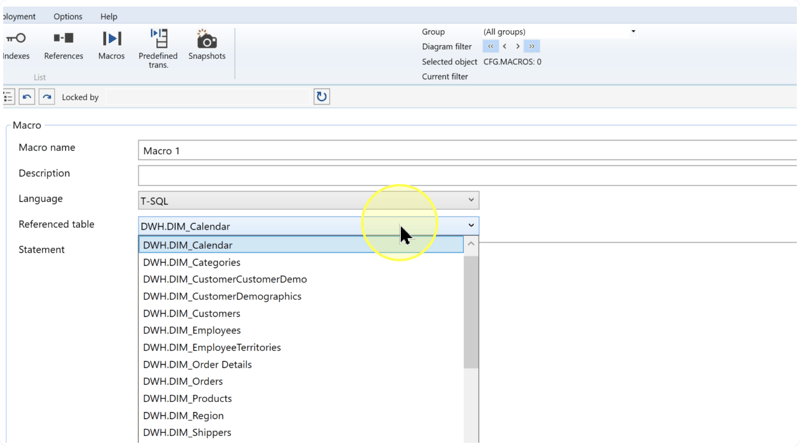 Referenced table list open with DWH.DIM_Calendar selected and other schema-qualified table names visible.