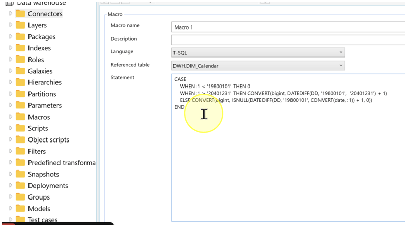 Statement field containing the CASE expression with the :1 placeholder and 1980–2040 date boundaries.