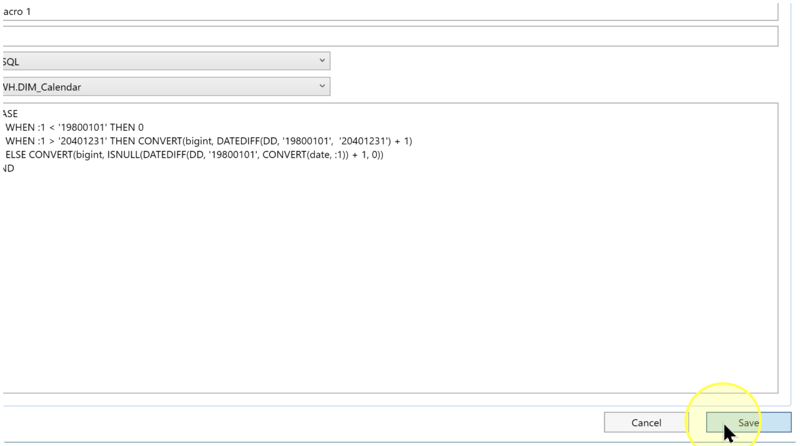 Save button highlighted below the Macro Statement field.