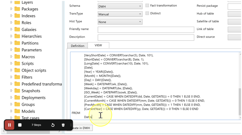 Manual transformation with its VIEW tab open on calendar SQL; no Macro invocation is visible.