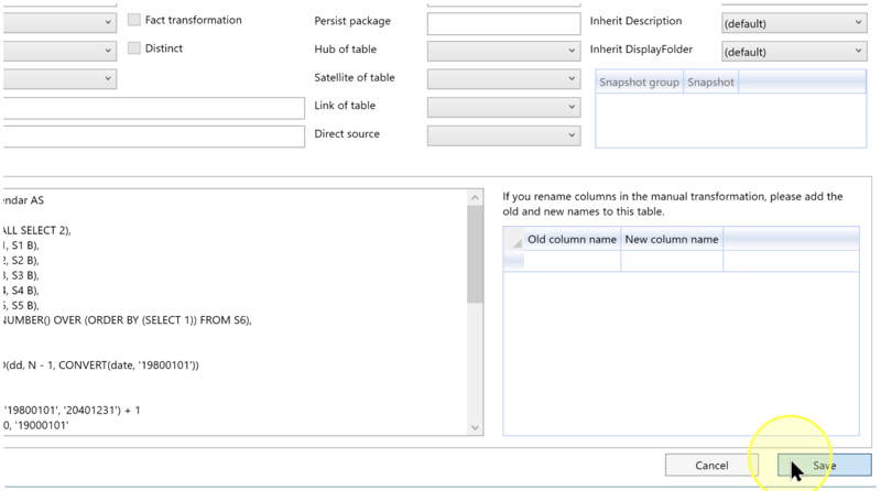 Save button highlighted at the bottom of the Transformation editor beside the column-renaming table.
