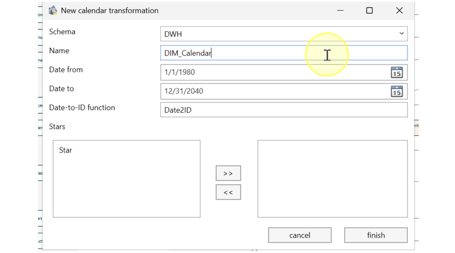Name field containing the example calendar name DIM_Calendar.