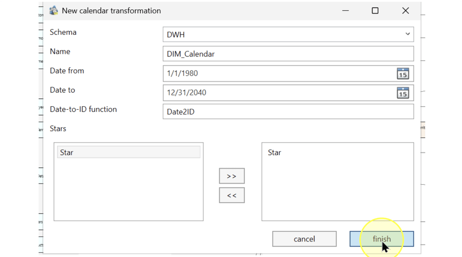 New calendar transformation dialog with the example Star in the right-hand list and the lowercase finish button highlighted.