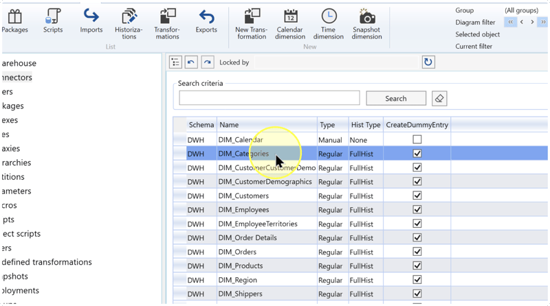 Transformation list with Schema, Name, and Type columns; DIM_Categories is the example selected row.