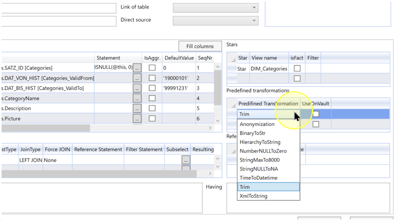 Stars grid with Star, View name, isFact, and Filter columns above a separate predefined-transformation list.