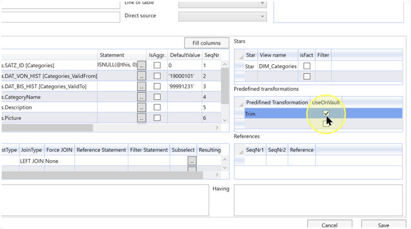 UseOnVault checkbox selected beside the Trim rule in the example configuration.