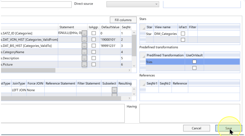 Save button highlighted below the Trim assignment; UseOnVault is cleared in this example.