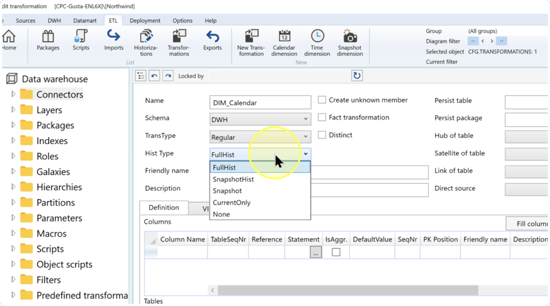 Transformation editor with the Hist Type choices visible and an empty Columns grid.