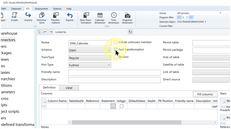 Fact transformation checkbox highlighted above the Definition and VIEW tabs.