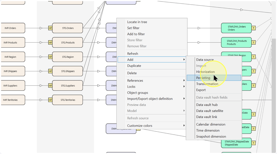 Persisting action highlighted in the Add submenu.