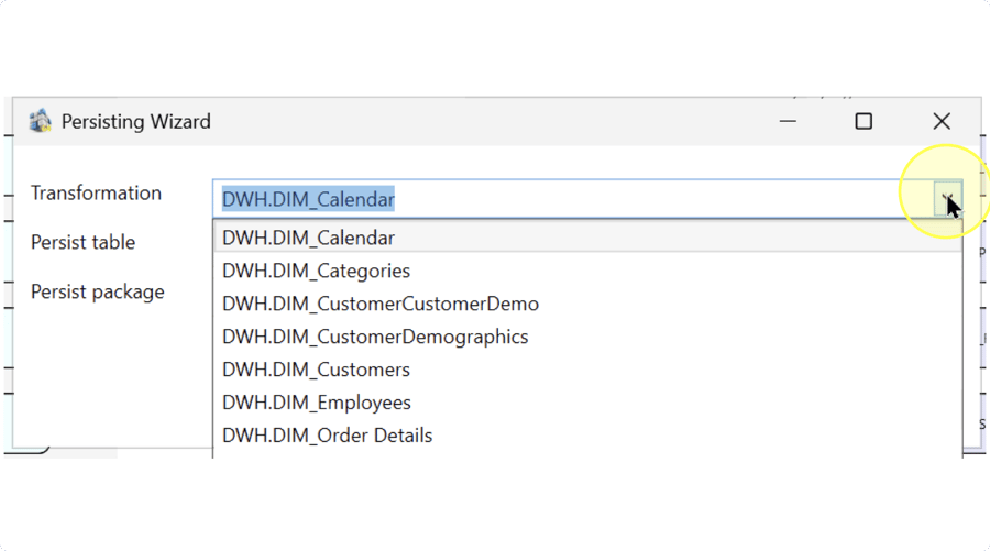 Persisting Wizard with the Transformation list expanded to show schema-qualified object names.