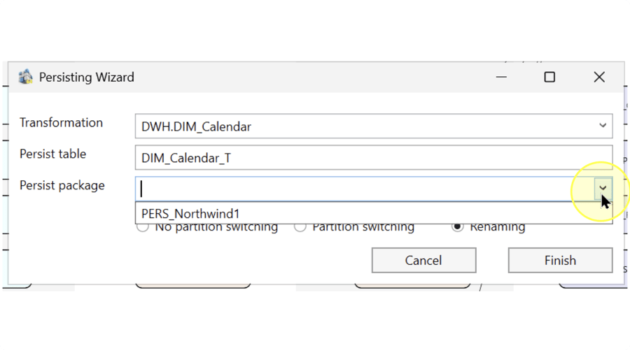 Empty Persist package field with an open list offering PERS_Northwind1.