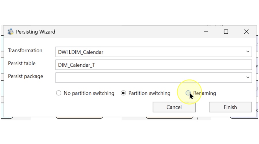 Replacement settings with Partition switching selected and the pointer over the unselected Renaming choice.